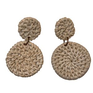 Rattan Wicker Woven Double Circle Tan Earrings